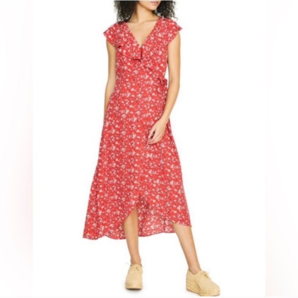 Sanctuary Jolynn Faux Wrap Floral Midi Dress Red - size large